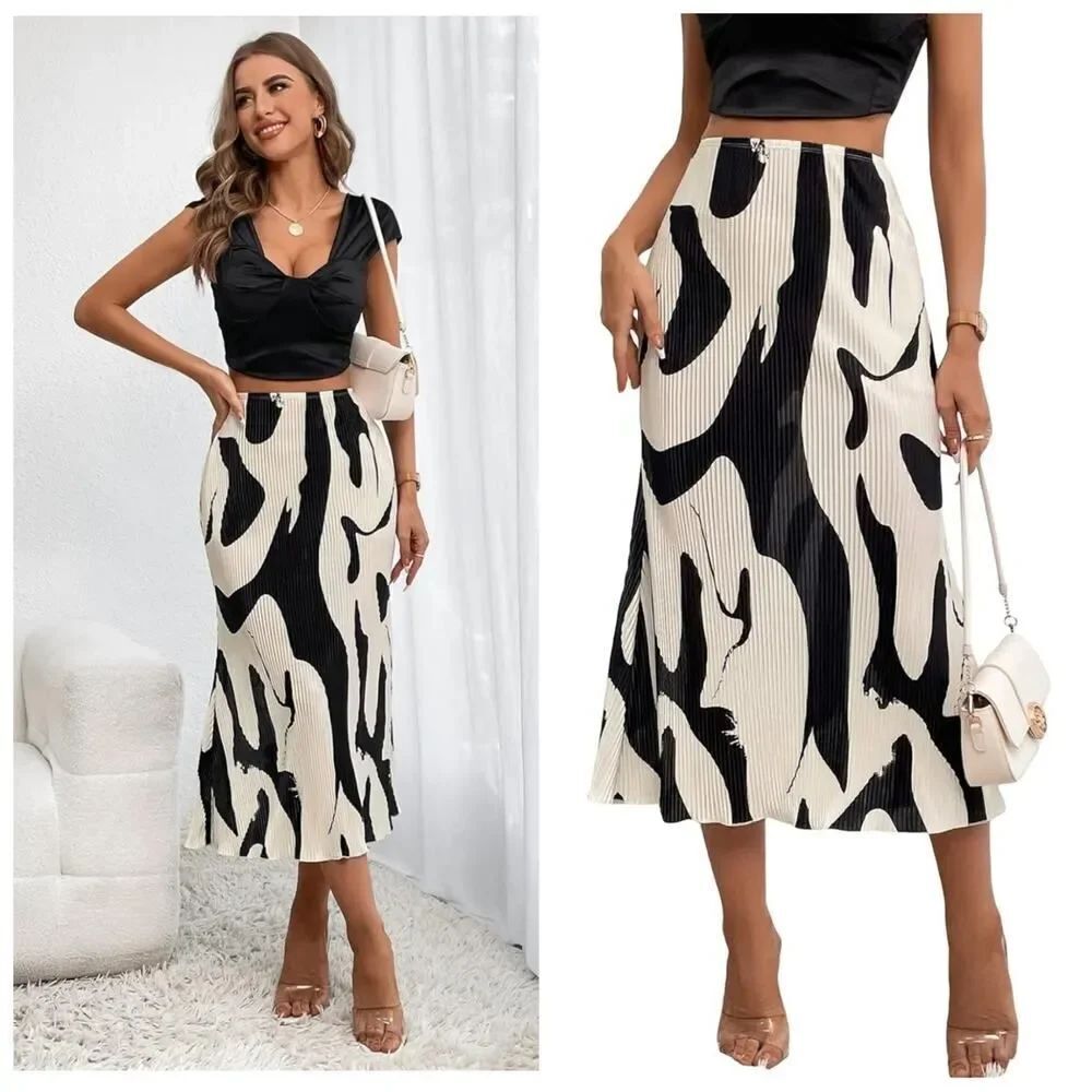 Shein Firerie allover print pleated midi skirt sz S